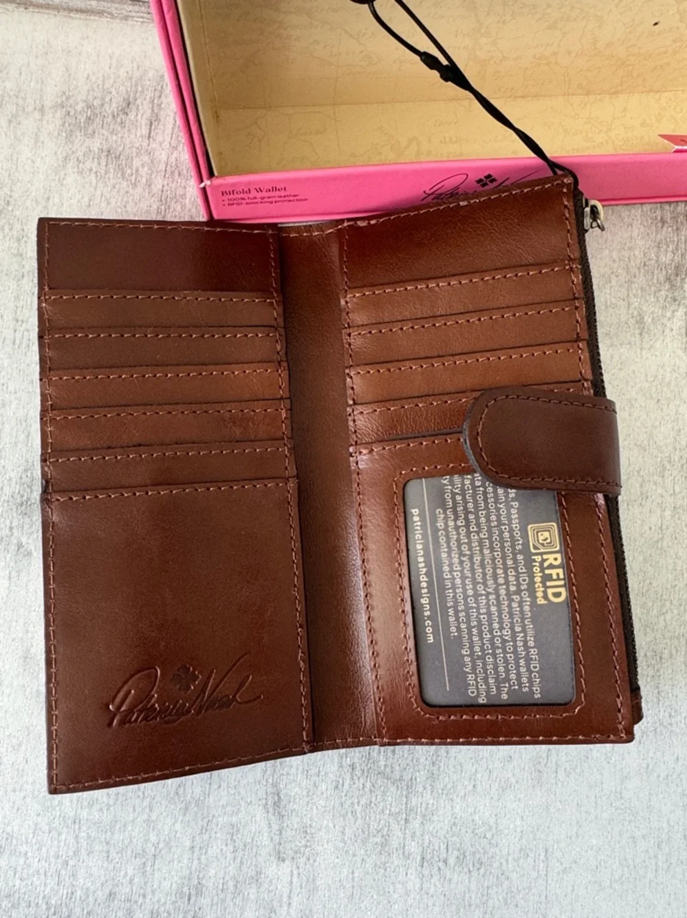 PATRICIA NASH Nazari Prairie Rose Leather Bi- Fold Continental Tan Floral Wallet